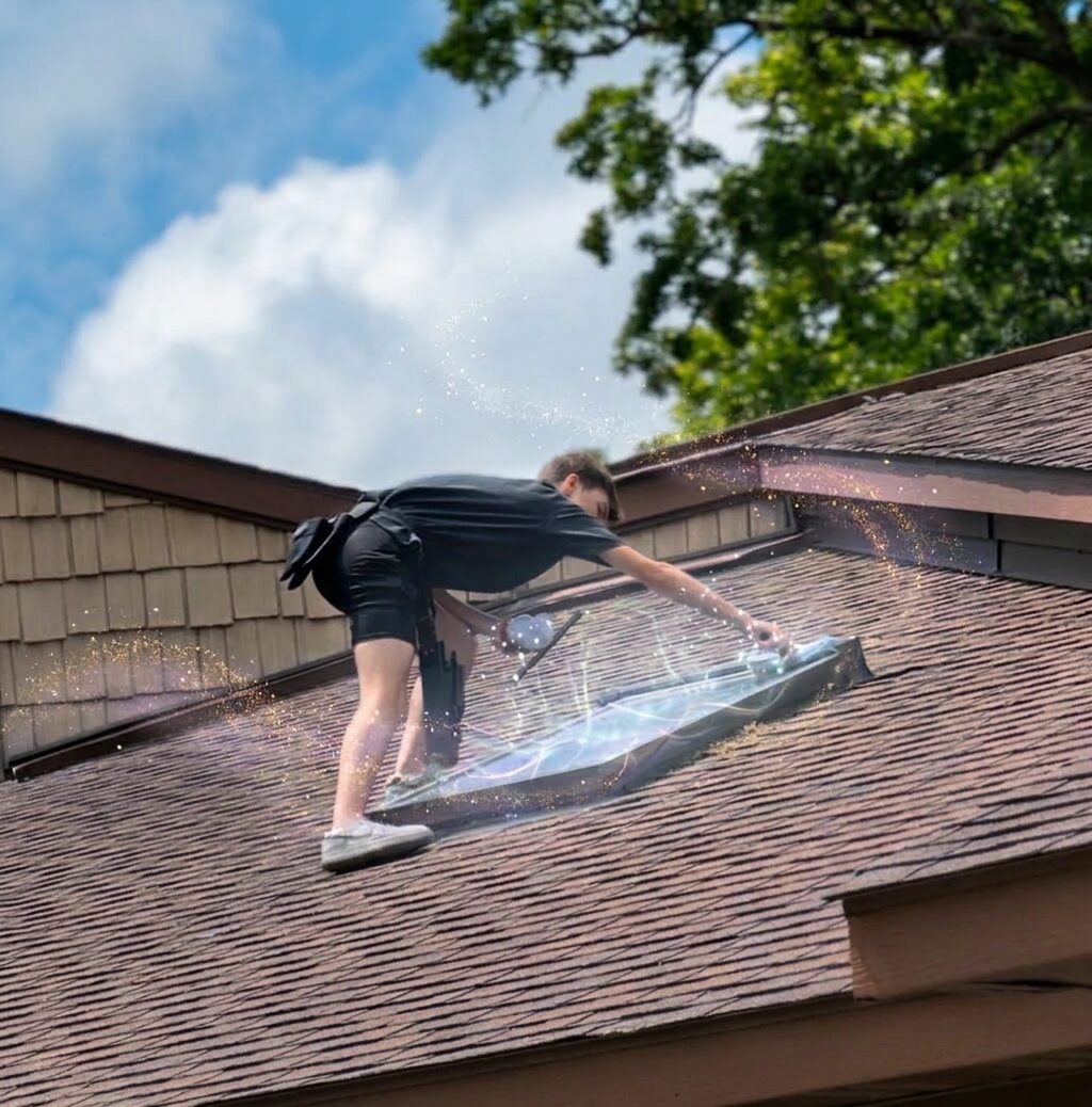 Wizard cleaning a skylight in northern Minnesota